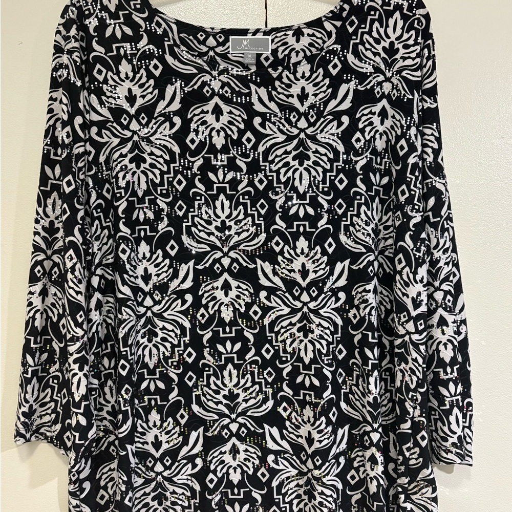 JM Collection Black and White Graphic 3/4 Sleeve Blouse - Picture 1 of 5